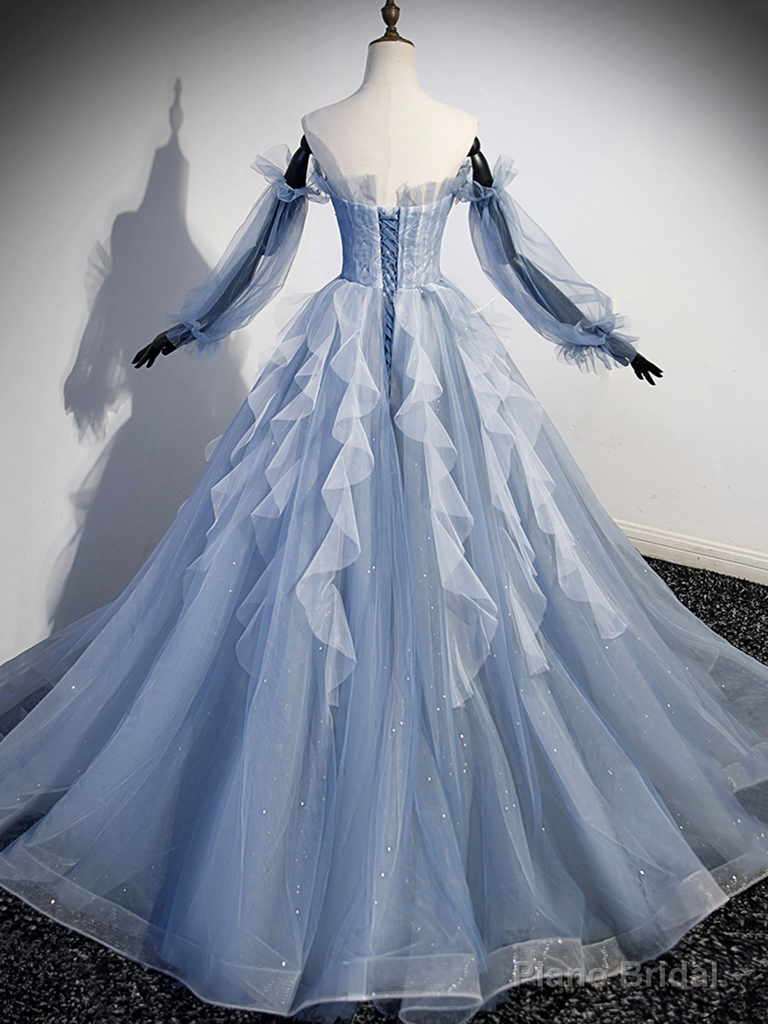 Blue Strapless Tulle Long Prom Dress, Chic A-Line Formal Dress with Long Sleeves