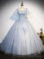 Blue Tulle Lace Long Prom Dress, Shiny A-Line Short Sleeve Evening Dress