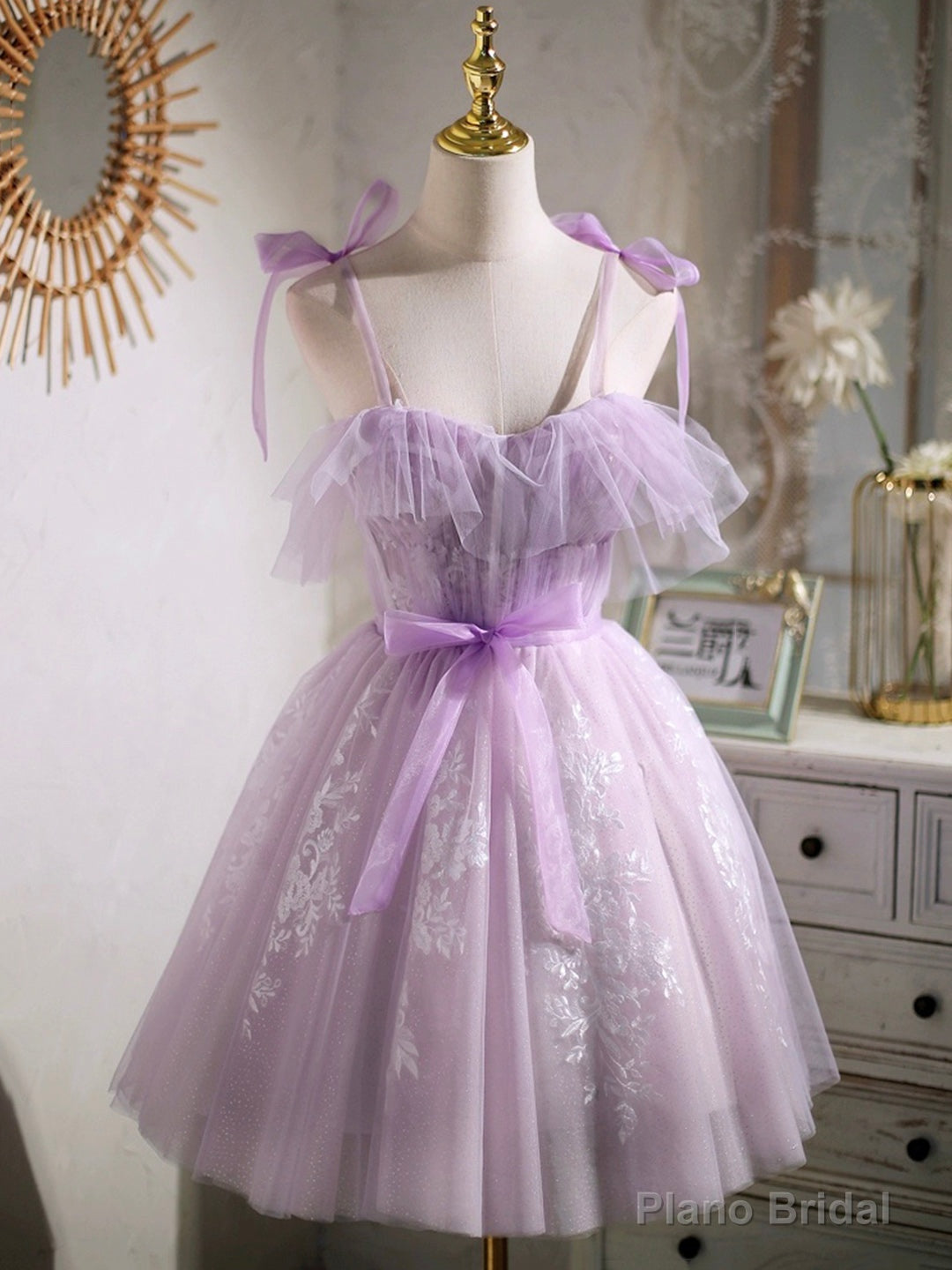 Lovely Spaghetti Strap Tulle Lace Short Prom Dress, Lavender A-Line Party Dress Main image