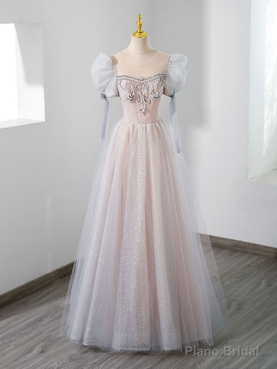 Cute Tulle Beaded Long Prom Dress, A-Line Short Sleeve Evening Dress Secondary image
