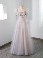 Cute Tulle Beaded Long Prom Dress, A-Line Short Sleeve Evening Dress