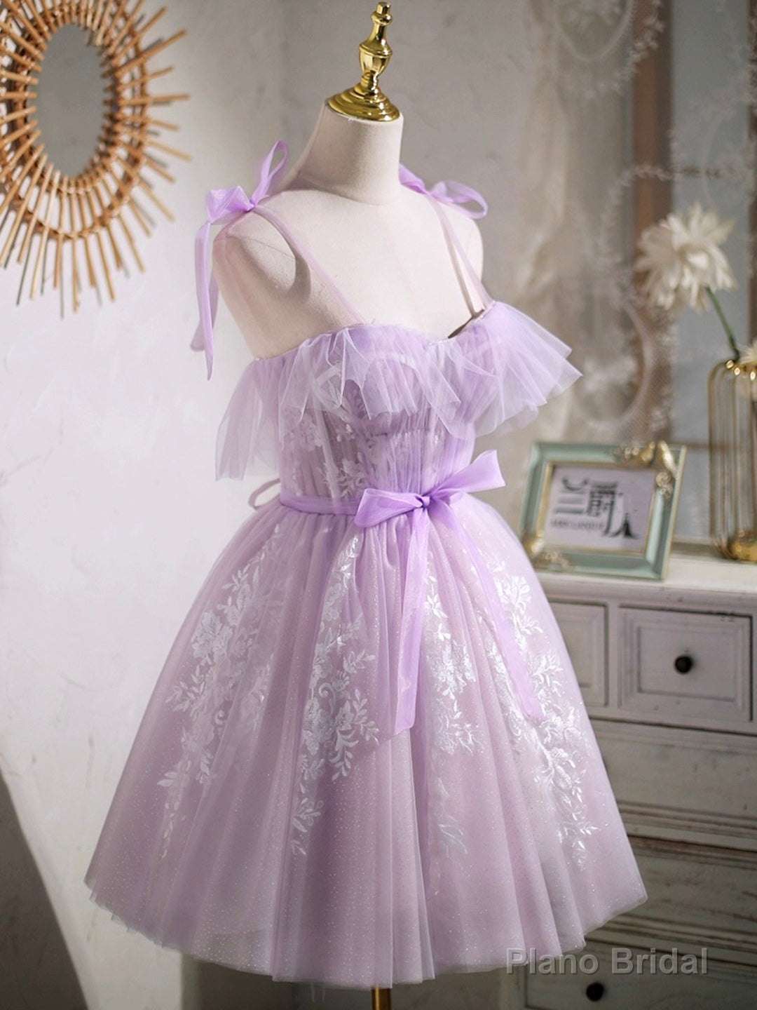 Lovely Spaghetti Strap Tulle Lace Short Prom Dress, Lavender A-Line Party Dress Secondary image