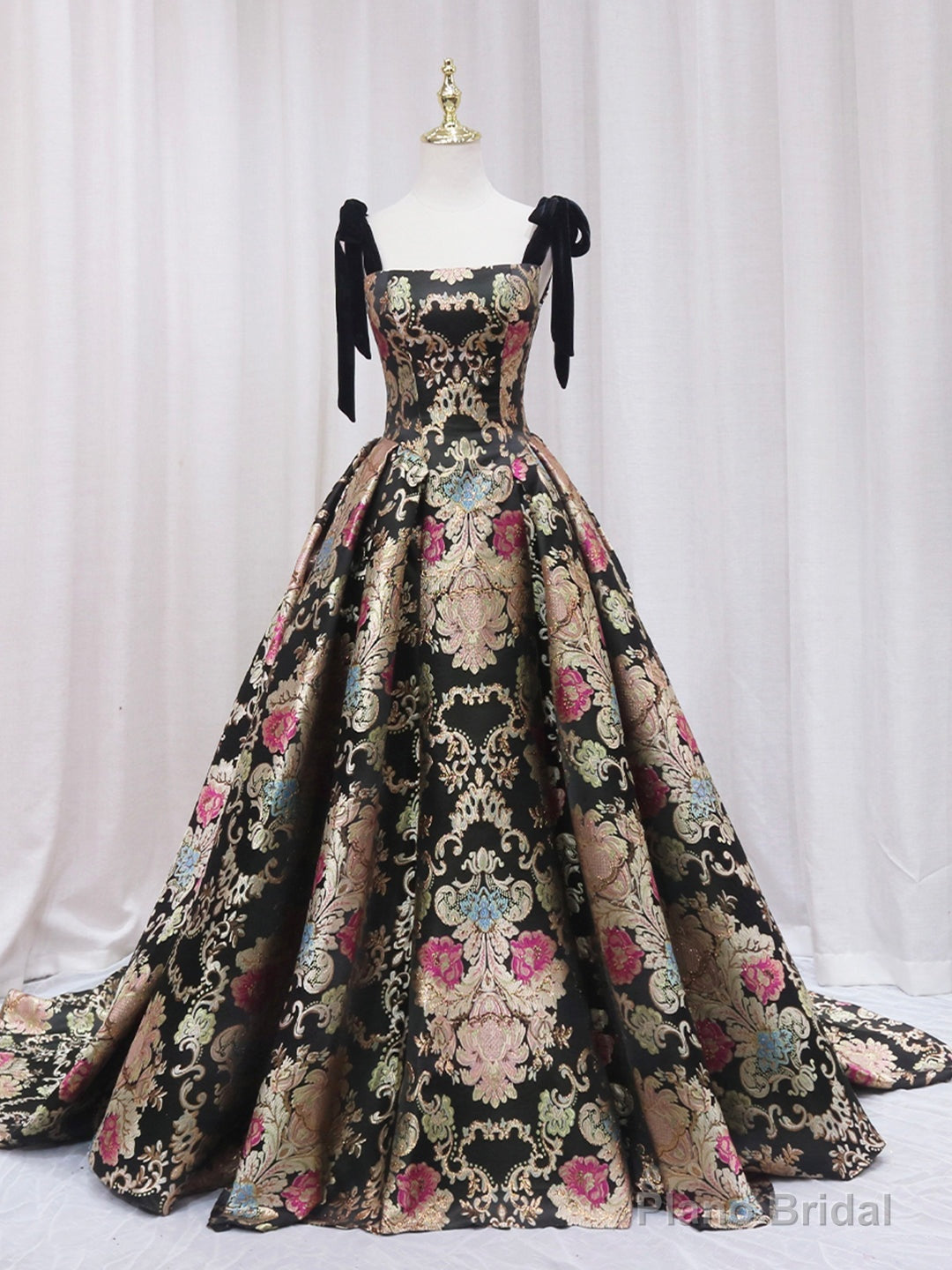 Black Floral Floor Length Prom Dress, A-Line Black Evening Dress Main image