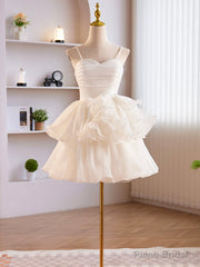 White Tulle Sweetheart Short Prom Dress, White Tulle Straps Party Dress