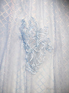 Blue Tulle Lace Long Prom Dress, Shiny A-Line Short Sleeve Evening Dress