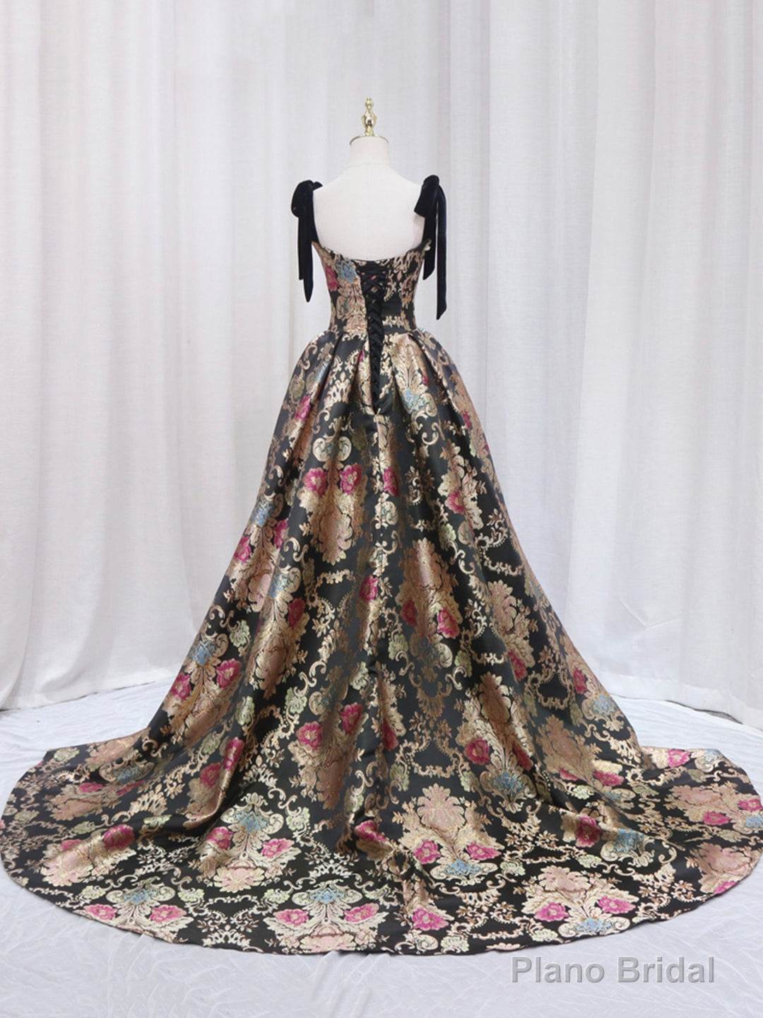 Black Floral Floor Length Prom Dress, A-Line Black Evening Dress Secondary image