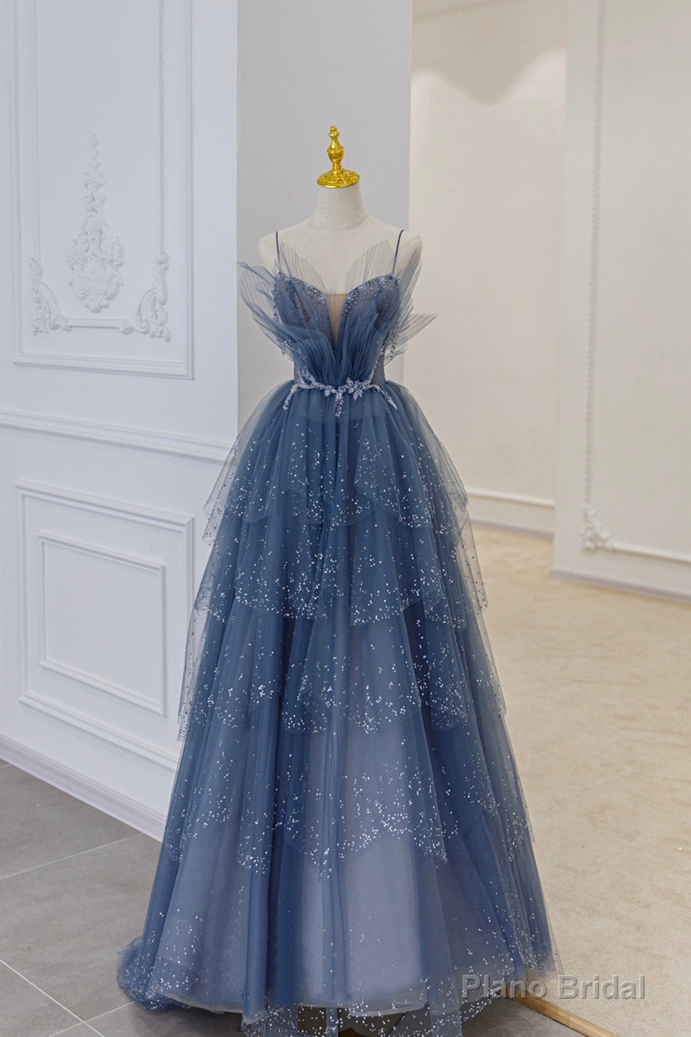 Blue Tulle Layers Straps Beaded Long Prom Dresses, A-Line Evening Dresses Secondary image