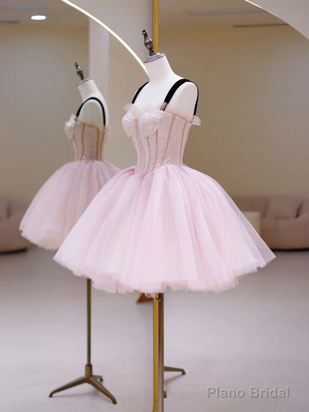Pink Tulle Sequins Sweetheart Short Prom Dress, Pink Straps Party Dress Main image