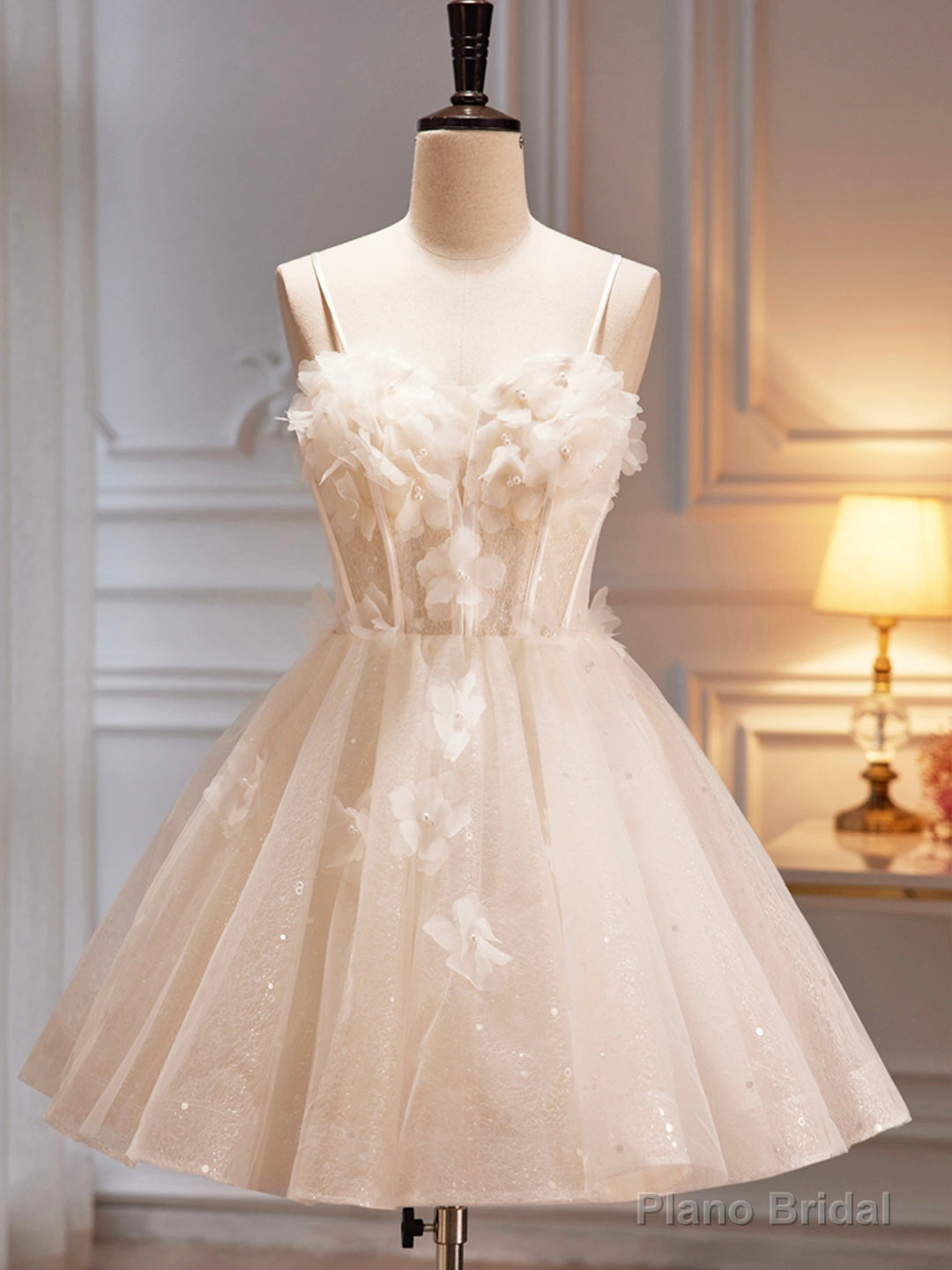 Champagne Spaghetti Strap Party Dress, Cute A-Line Evening Dress Homecoming Dress Main image