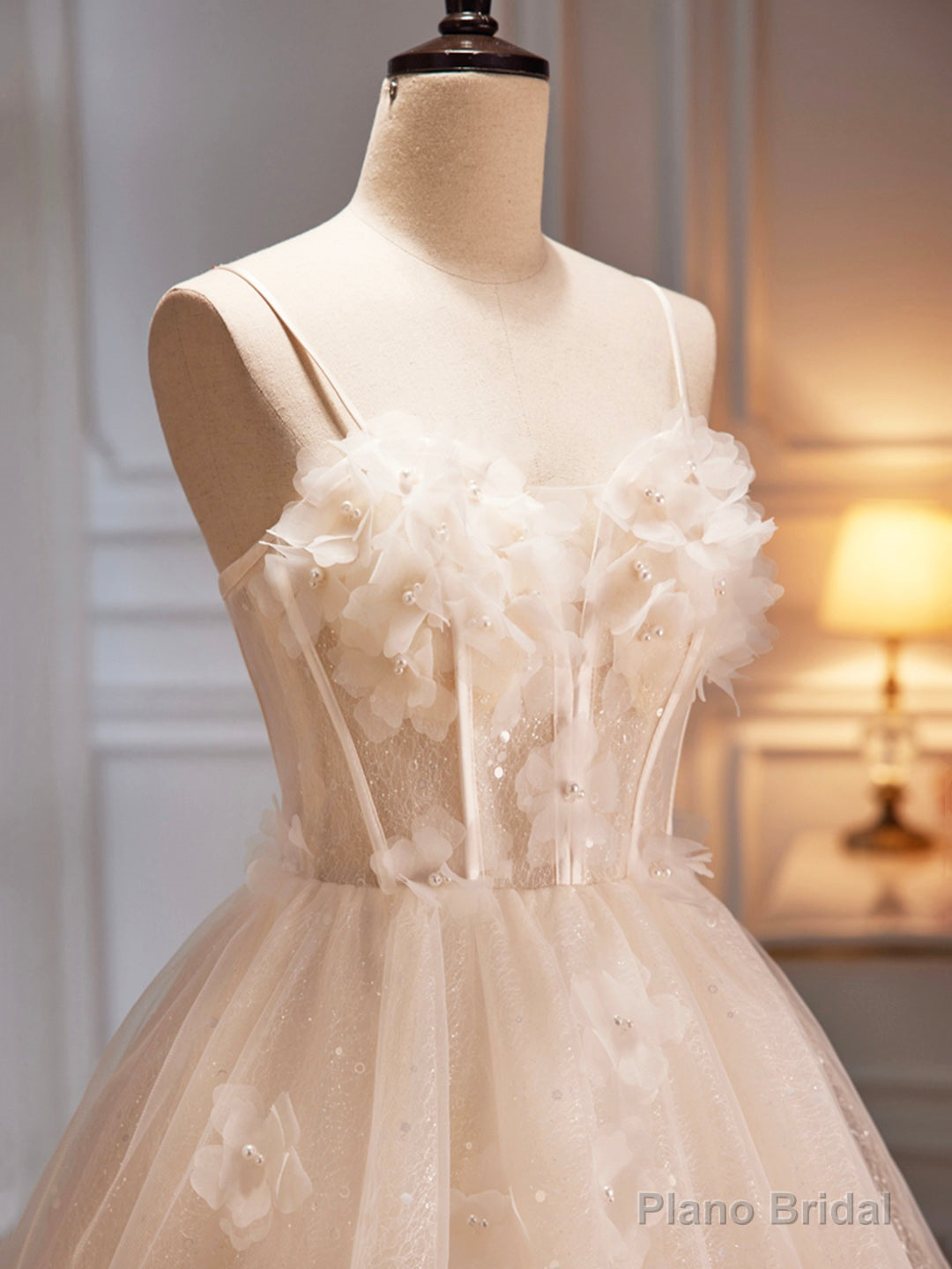 Champagne Spaghetti Strap Party Dress, Cute A-Line Evening Dress Homecoming Dress