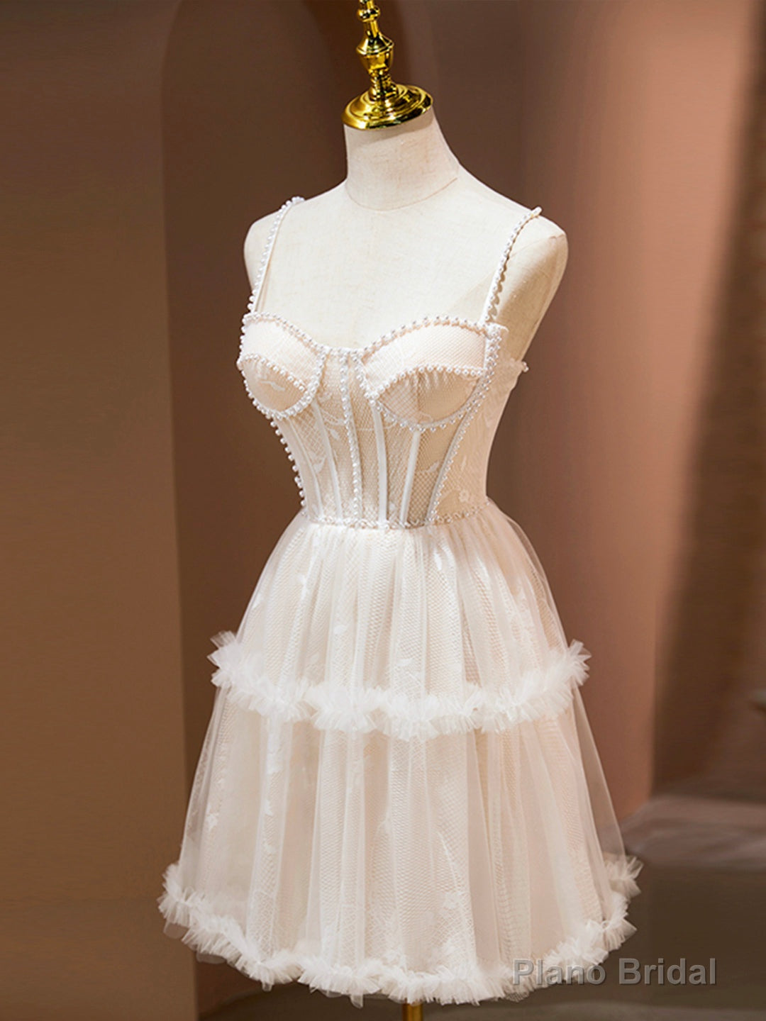 Champagne Spaghetti Strap Party Dress, Cute A-Line Evening Dress with Pearls Main image