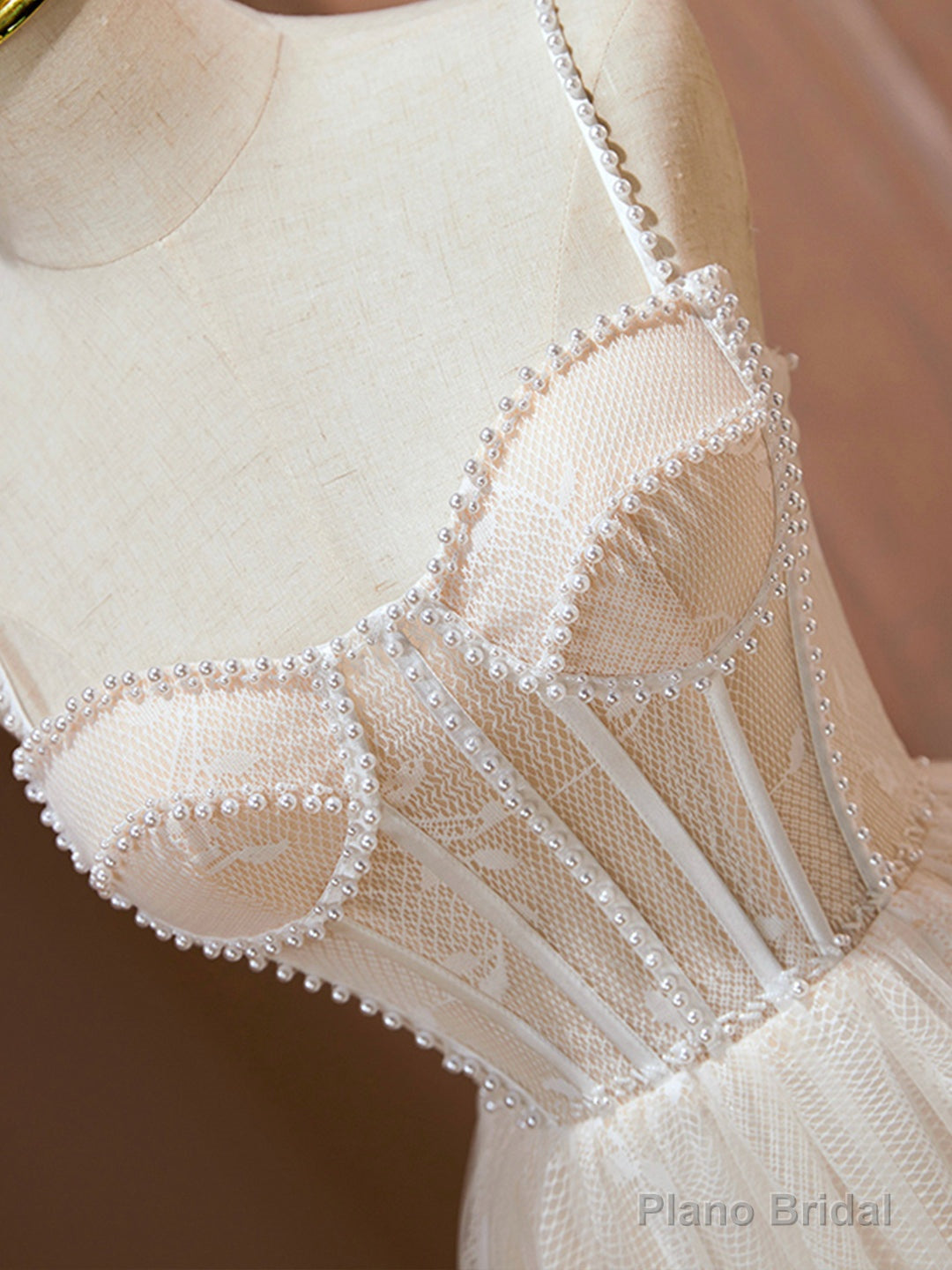 Champagne Spaghetti Strap Party Dress, Cute A-Line Evening Dress with Pearls Secondary image