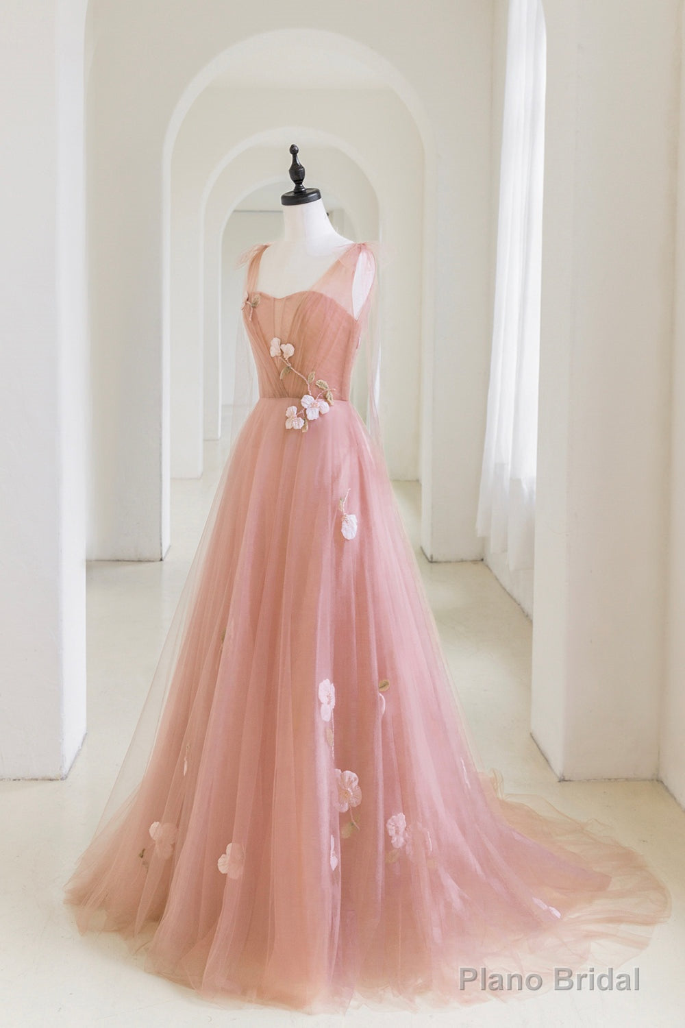 Pink Tulle Applique Long Evening Dress, A-Line Junior Prom Dress Main image