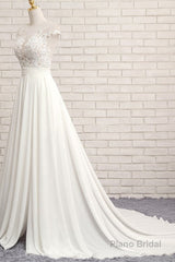 Long A-line Appliques Lace Chiffon Wedding Dress with Slit