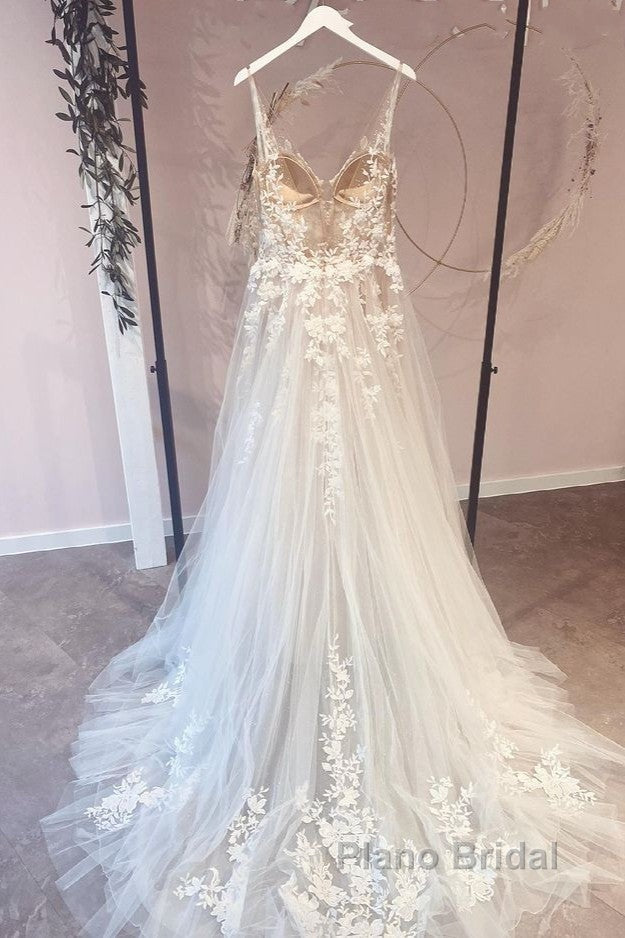 Long A-Line Appliques Lace Spaghetti Straps Sweetheart Tulle Wedding Dresses Secondary image