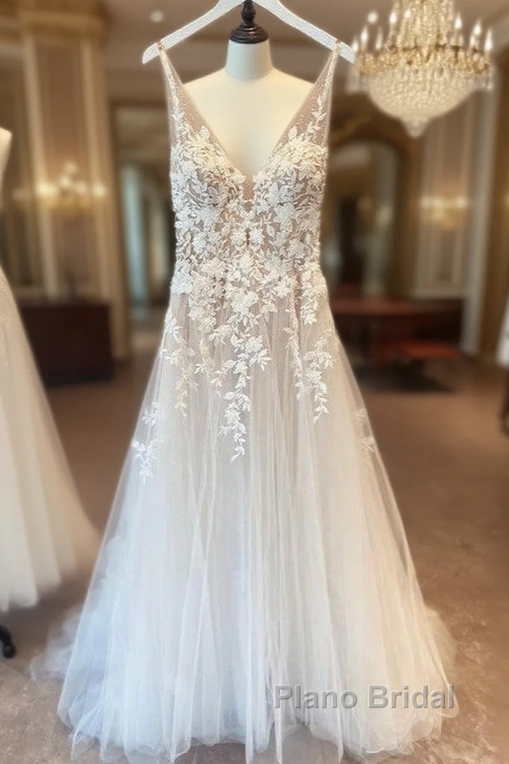 Long A-Line Appliques Lace Spaghetti Straps Sweetheart Tulle Wedding Dresses Main image