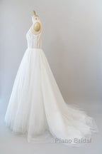 Long A-line Open Back Sequins Tulle Backless Wedding Dress