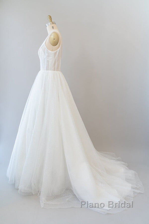 Long A-line Open Back Sequins Tulle Backless Wedding Dress