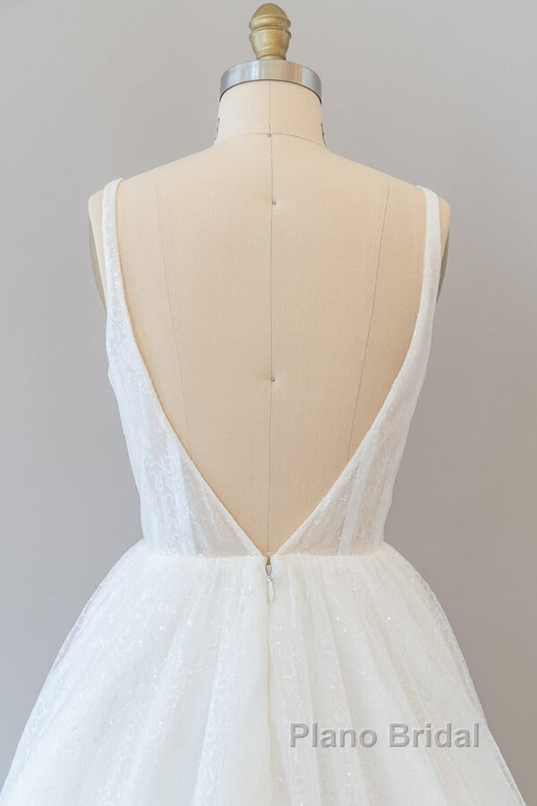 Long A-line Open Back Sequins Tulle Backless Wedding Dress