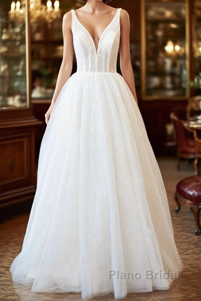 Long A-line Open Back Sequins Tulle Backless Wedding Dress Main image