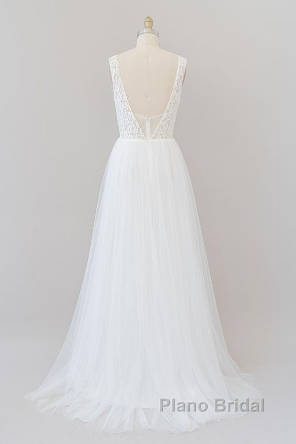 Long A-line Open Back V-neck Lace Tulle Wedding Dress Secondary image