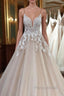 Long A-Line Sequin Tulle Spaghetti Straps Appliques Lace Wedding Dress