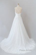 Long A-line Spaghetti Strap Applique Tulle Backless Wedding Dress