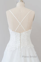 Long A-line Spaghetti Strap Applique Tulle Backless Wedding Dress