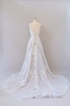 Long A-line Spaghetti Strap Lace Appliques Tulle Backless Wedding Dress
