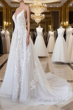 Long A-line Spaghetti Strap Lace Appliques Tulle Backless Wedding Dress