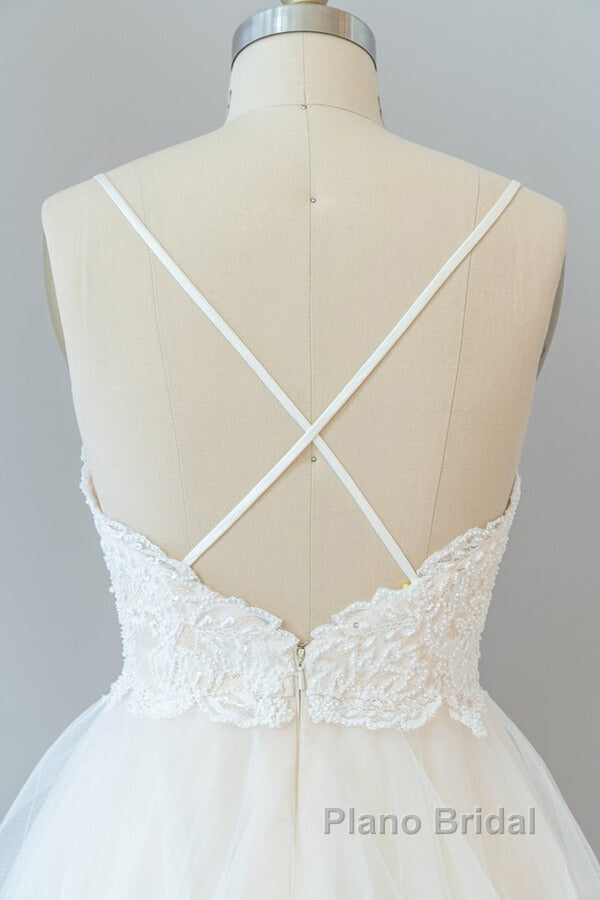 Long A-line Spaghetti Strap Lace Tulle Backless Wedding Dress