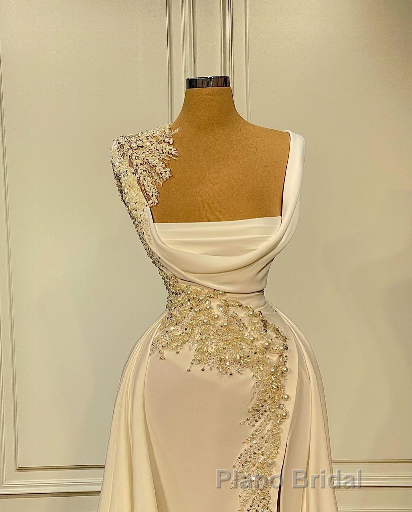 Long A-Line Square Neckline Satin Ivory Formal Prom Dresses With Slit Secondary image