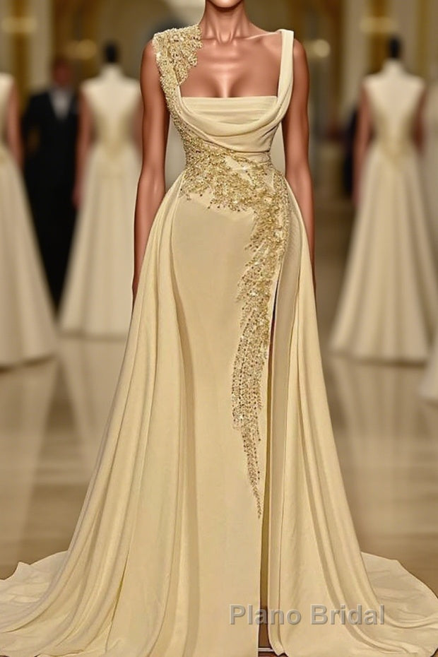 Long A-Line Square Neckline Satin Ivory Formal Prom Dresses With Slit Main image