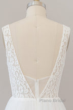 Long A-line Straps V-neck Chiffon Open Back Wedding Dress