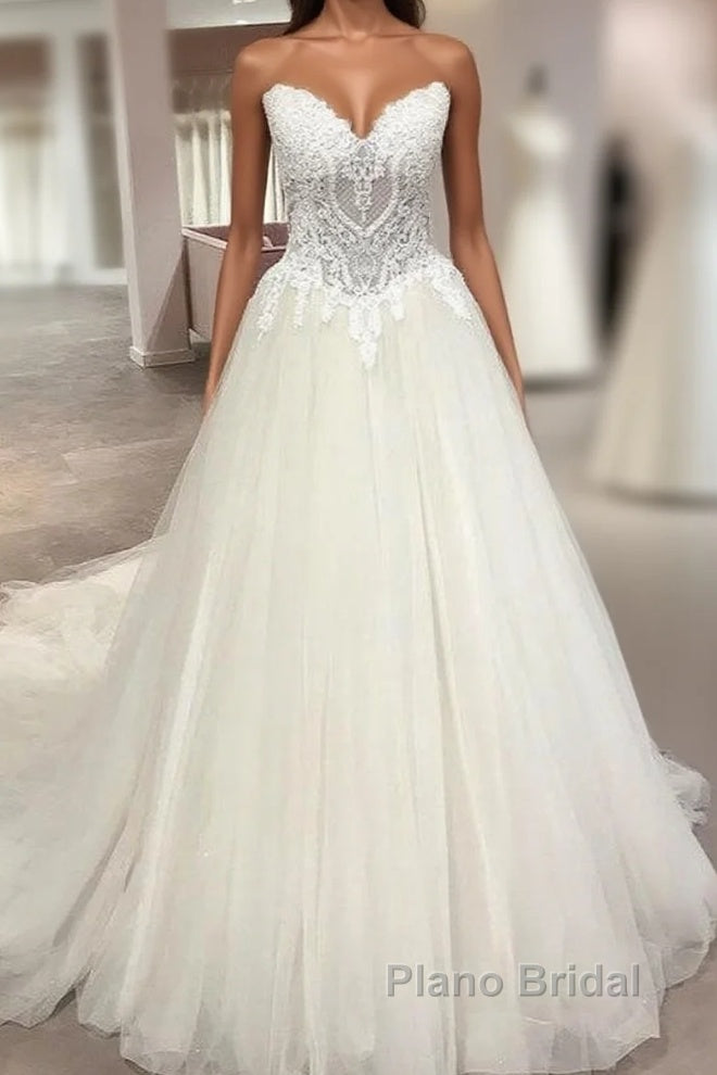 Long A-Line Sweetheart Backless Tulle Appliques Lace Wedding Dress Main image