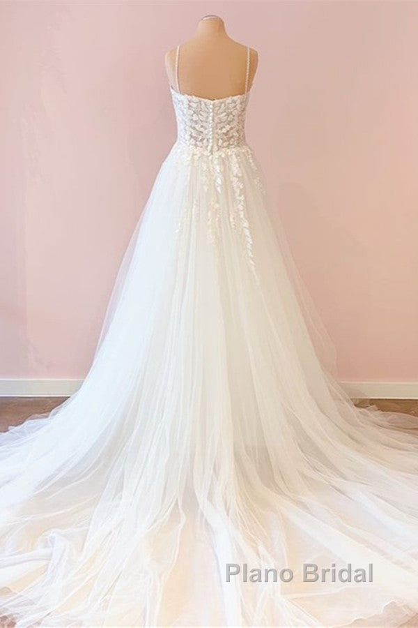 Long A-Line Sweetheart Tulle Appliques Lace Wedding Dress