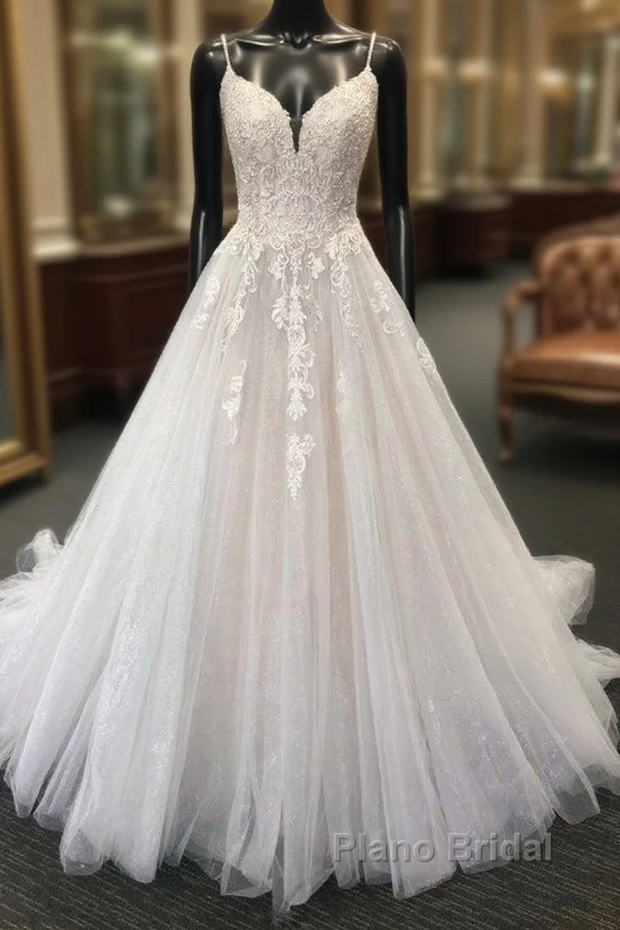 Long A-line Sweetheart Tulle Lace Spaghetti Straps Wedding Dress