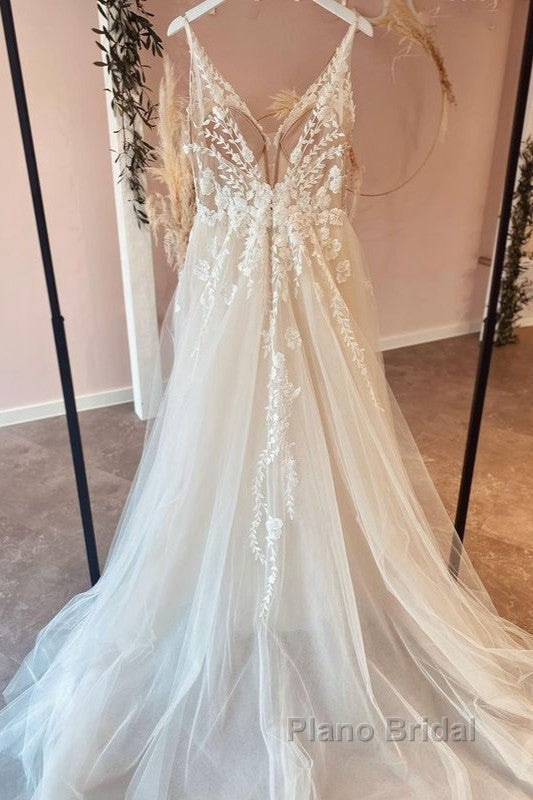 Long A-Line Tulle Appliques Lace Spaghetti Straps V-neck Backless Wedding Dress Secondary image