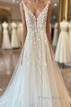 Long A-Line Tulle Appliques Lace Spaghetti Straps V-neck Backless Wedding Dress