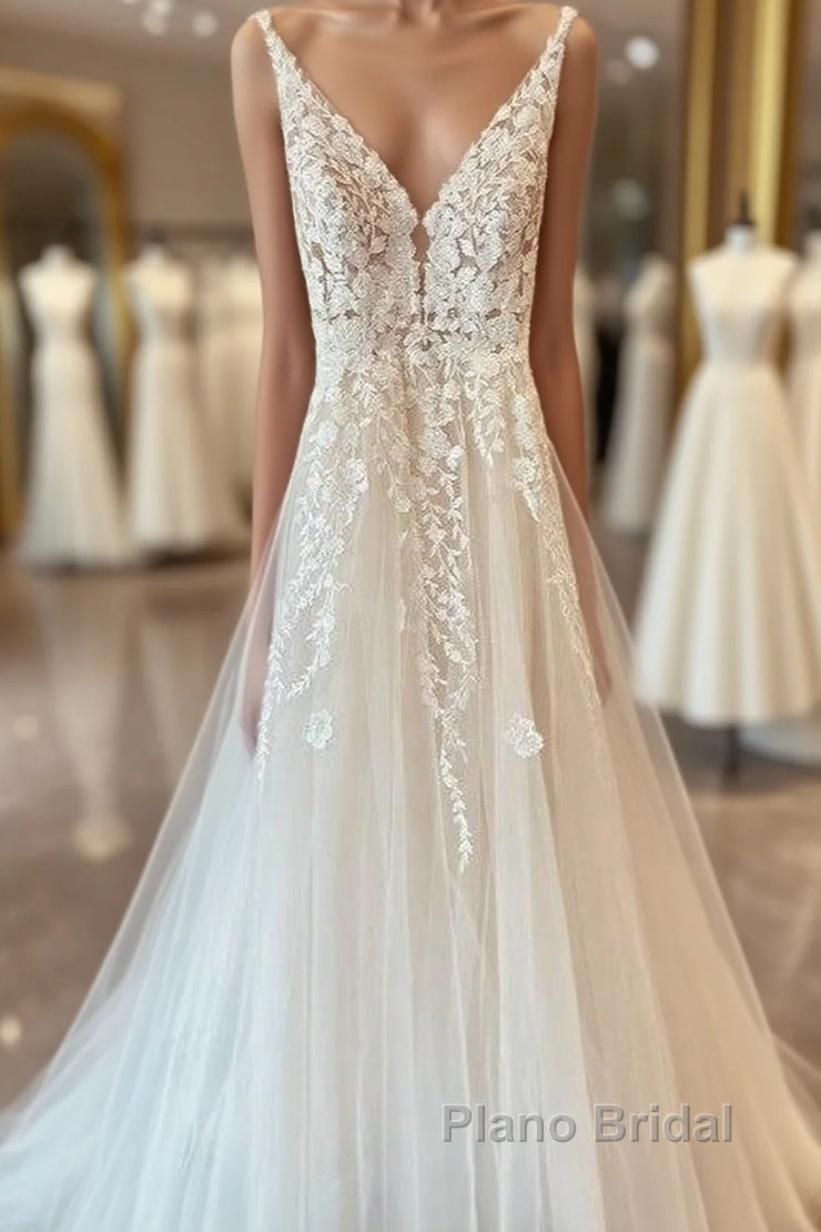 Long A-Line Tulle Appliques Lace Spaghetti Straps V-neck Backless Wedding Dress
