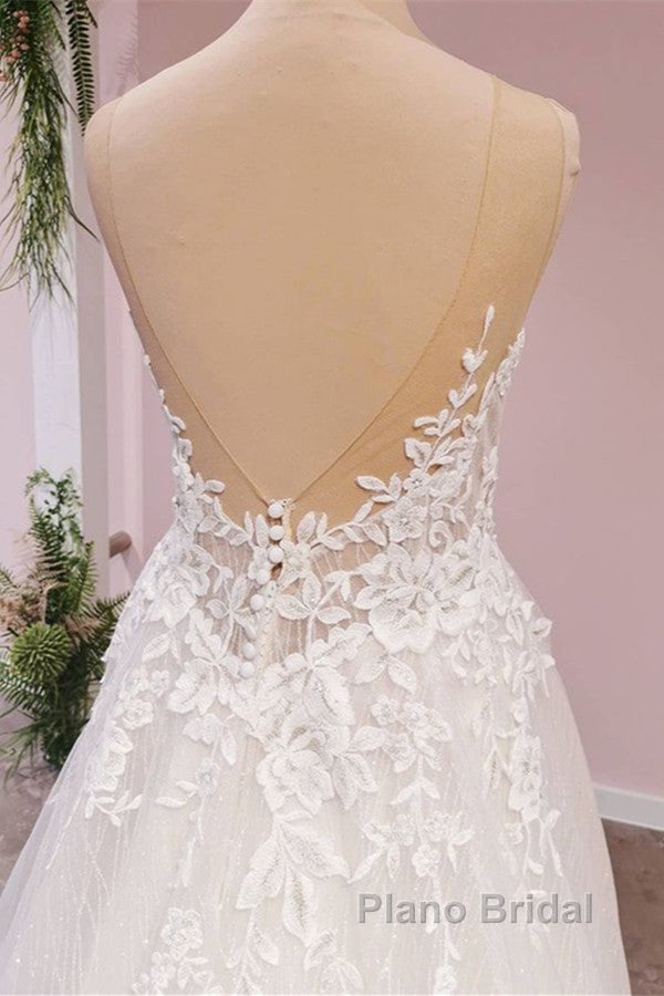 Long A-Line Tulle Backless Appliques Lace Sweetheart Wedding Dress