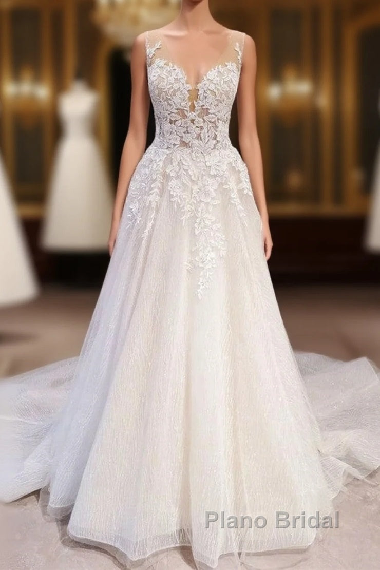 Long A-Line Tulle Backless Appliques Lace Sweetheart Wedding Dress Main image