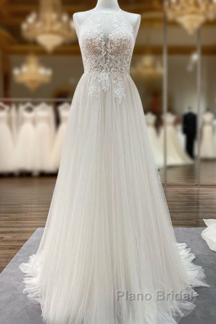 Long A-line Tulle  Open Back Halter Sleeveless Lace Wedding Dresses Main image