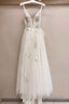 Long A-line Tulle V Neck Lace Applique Wedding Dress