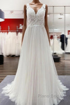 Long A-line Tulle V Neck Open Back Appliques Lace Wedding Dress