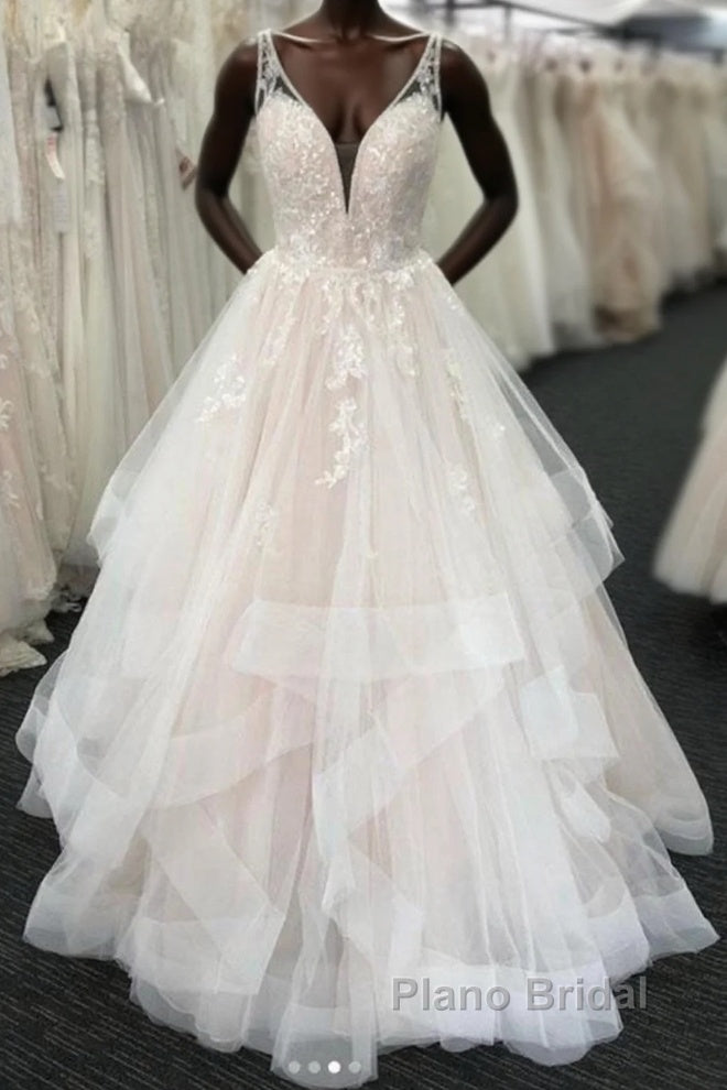 Long A-line Tulle V Neck Open Back Layered Wedding Dress Main image