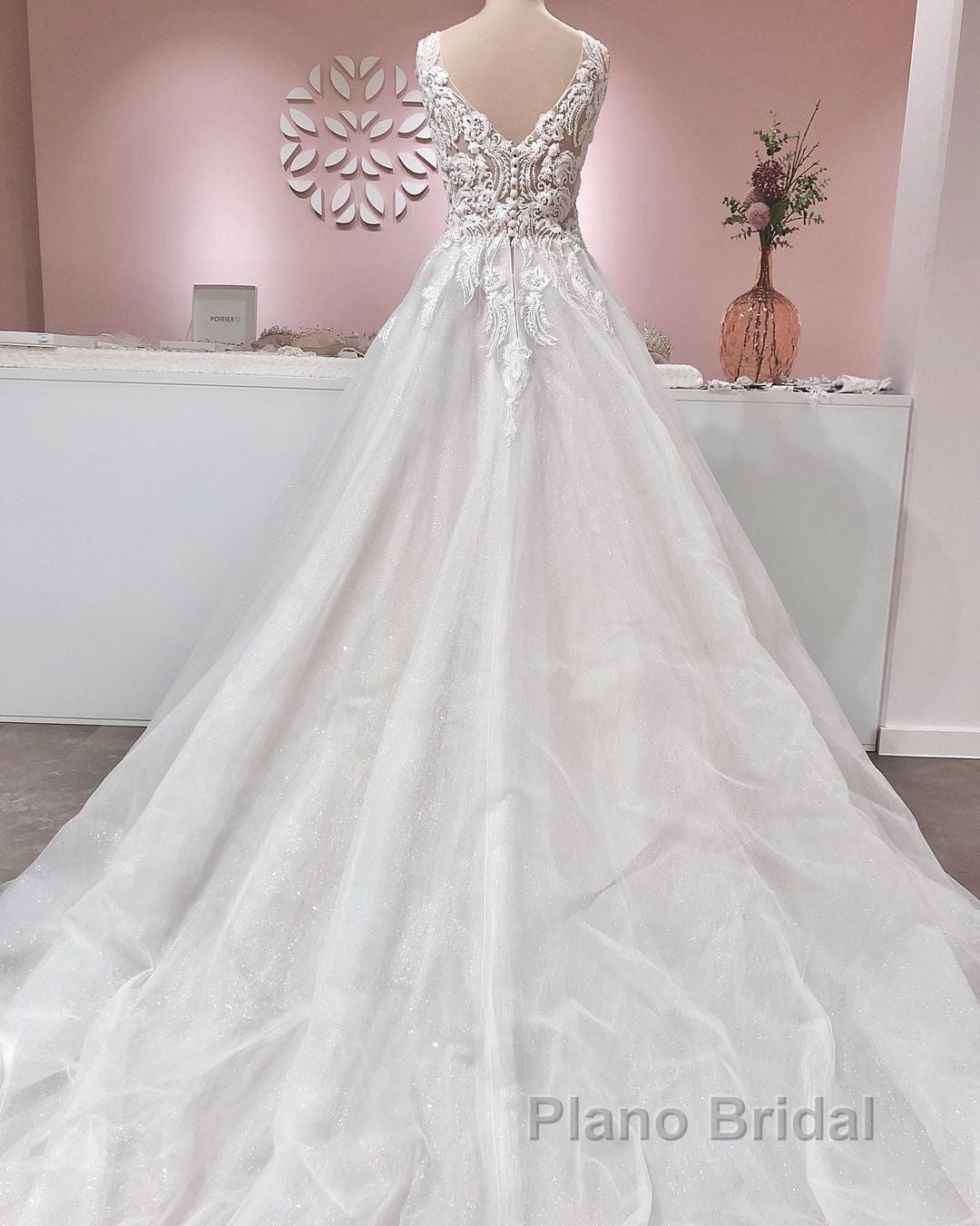 Long A-line V-neck Appliques Lace Backless Tulle Ruffles Wedding Dress
