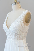Long A-line V-neck Appliques Lace Chiffon Wedding Dress