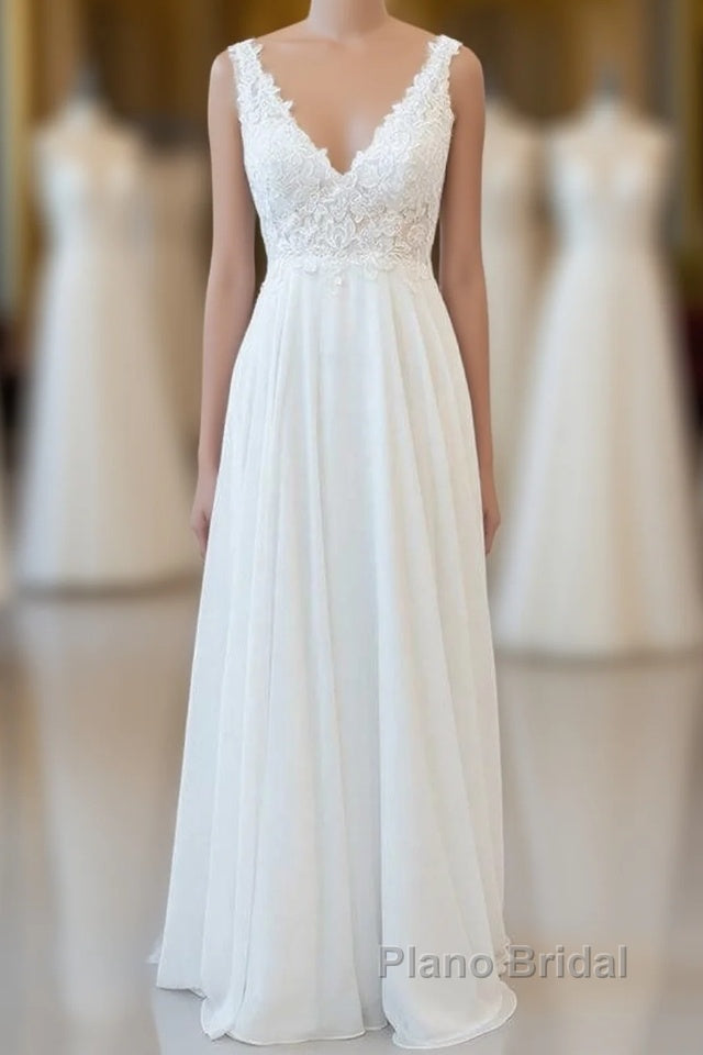 Long A-line V-neck Appliques Lace Chiffon Wedding Dress Main image