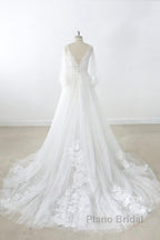 Long A-line V-neck Appliques Lace Tulle Backless Wedding Dress with Sleeves